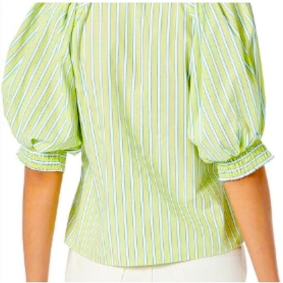 Sanctuary Green & White Stripe Puff Sleeve V-Neck Short Sleeve Cotton Top Small - Picture 3 of 12